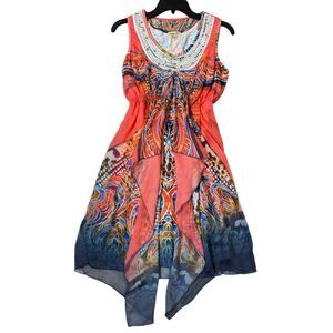 Vintage Y2K Babydoll Midi Dress Tunic Sheer S Orange Blue Boho Fairy Grunge